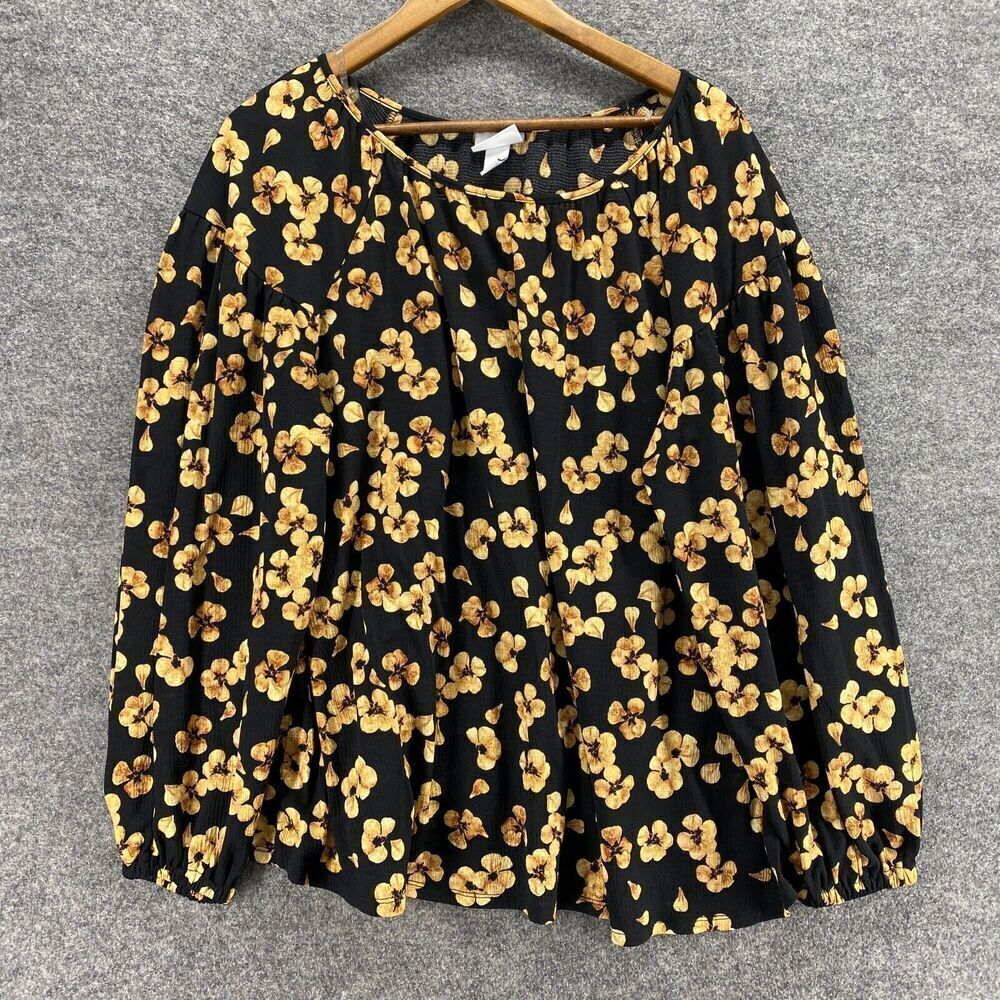 5/$45 Ava & Viv Blouse Women 1X Plus Black Floral Long Sleeve Round Neck